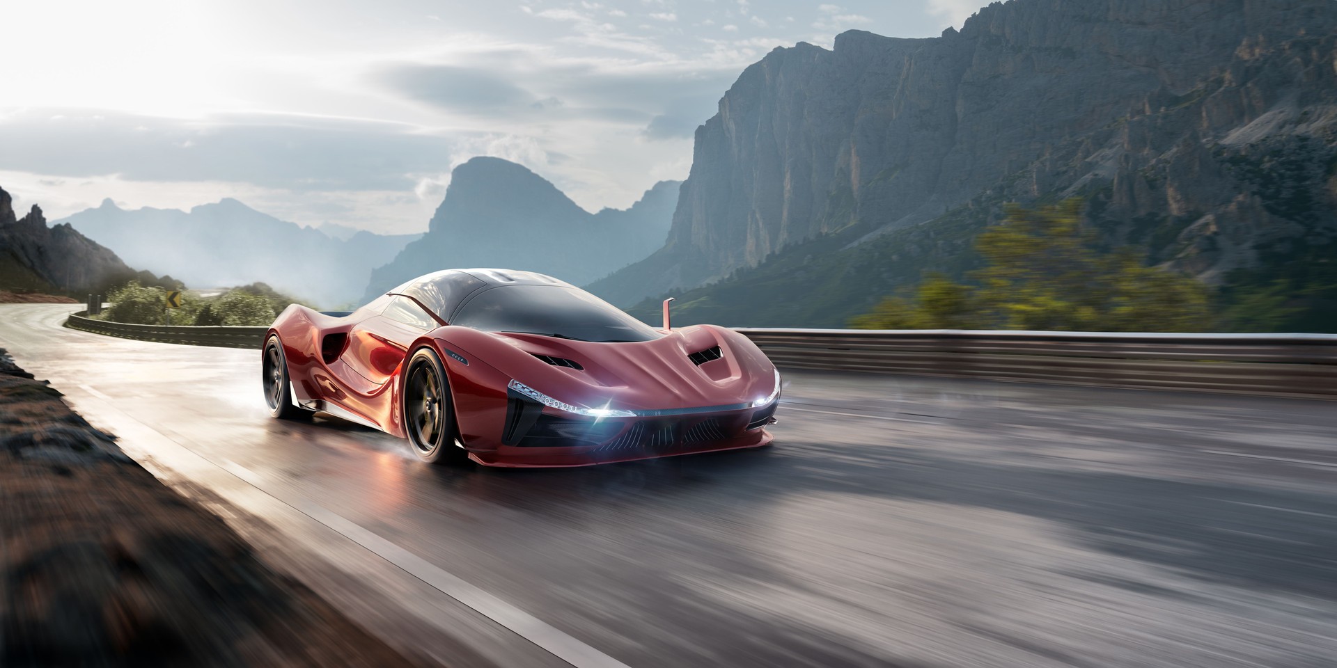 Red Sports Car On Windy Mountain Road